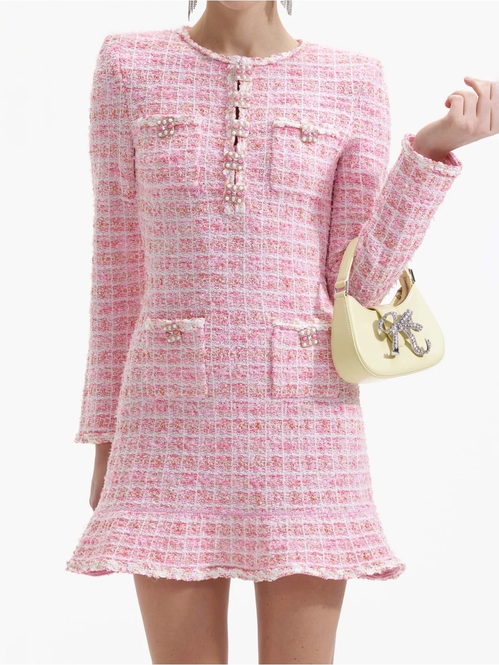 Self Portrait Tweed Long-Sleeve Dress with Decorative Buttons - Picture 4 of 7
